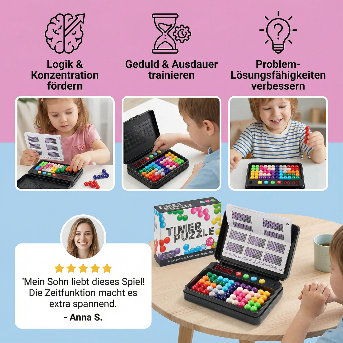 Logic puzzle game for children – 500 puzzles with timer